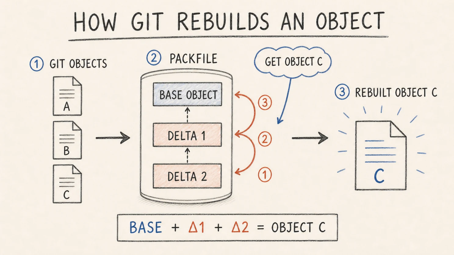 Object C is not stored whole. Reading it means walking the delta chain back to the base object.