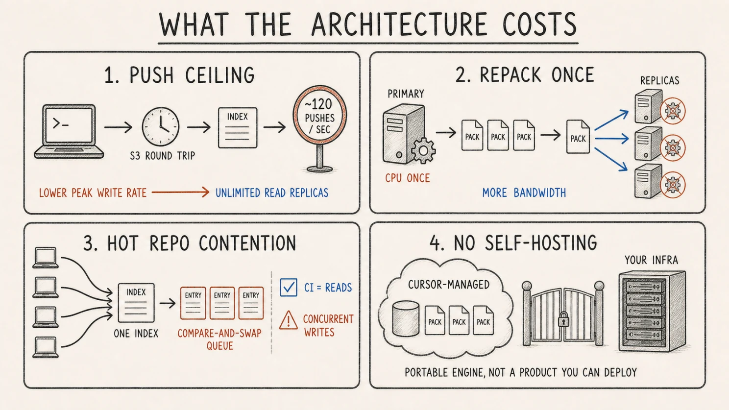 Four trades: a hard push ceiling, bandwidth instead of CPU, queueing on a hot repo, and no self-hosting.